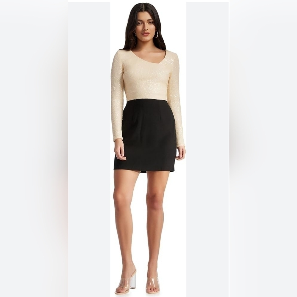 Dress the Population|Womens Chante Bodycon Cream/Black Sequin Mini Dress Sz.L
